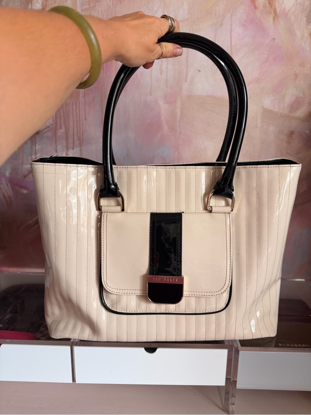 Ted Baker Beige Patent Tote Handbag with Black Trim